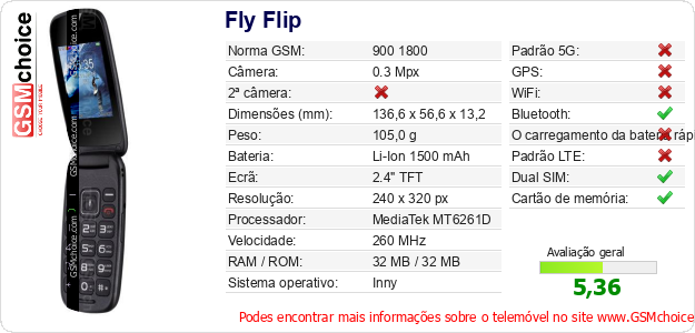 Fly Flip Especificações técnicas do telemóvel Fly Flip Especificações técnicas do telemóvel