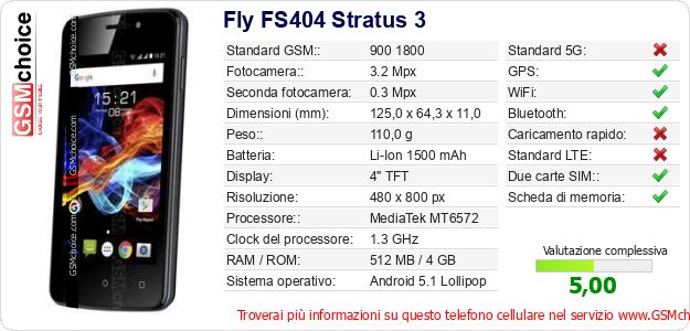 Fly FS404 Stratus 3 Dati tecnici di telefono cellulare Fly FS404 Stratus 3 Dati tecnici di telefono cellulare