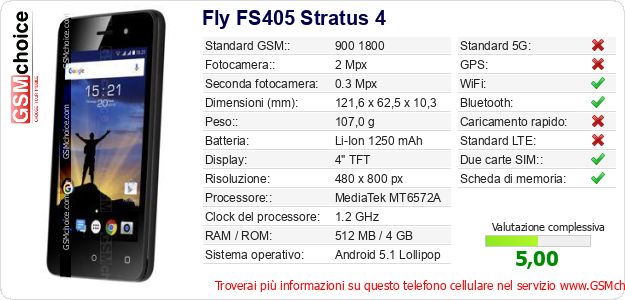 Fly FS405 Stratus 4 Dati tecnici di telefono cellulare Fly FS405 Stratus 4 Dati tecnici di telefono cellulare
