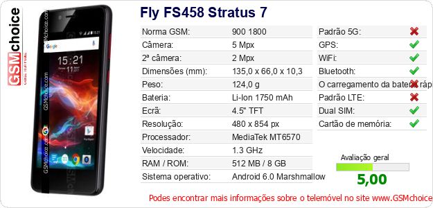 Fly FS458 Stratus 7 Especificações técnicas do telemóvel Fly FS458 Stratus 7 Especificações técnicas do telemóvel