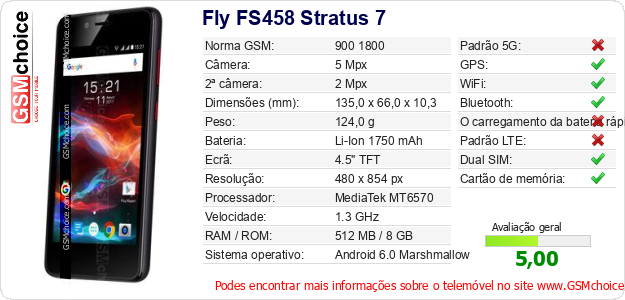 Fly FS458 Stratus 7 Especificações técnicas do telemóvel Fly FS458 Stratus 7 Especificações técnicas do telemóvel