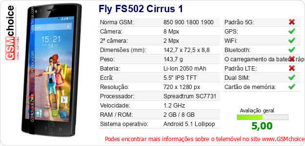 Fly FS502 Cirrus 1 Especificações técnicas do telemóvel 