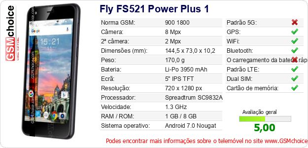 Fly FS521 Power Plus 1 Especificações técnicas do telemóvel Fly FS521 Power Plus 1 Especificações técnicas do telemóvel