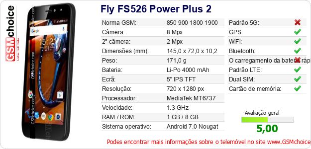 Fly FS526 Power Plus 2 Especificações técnicas do telemóvel Fly FS526 Power Plus 2 Especificações técnicas do telemóvel