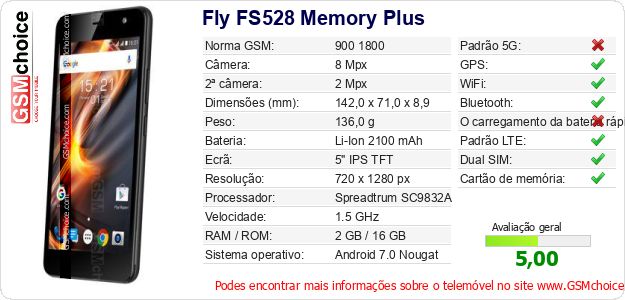 Fly FS528 Memory Plus Especificações técnicas do telemóvel 