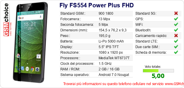 Fly FS554 Power Plus FHD Dati tecnici di telefono cellulare 