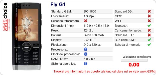 Fly G1 Dati tecnici di telefono cellulare Fly G1 Dati tecnici di telefono cellulare