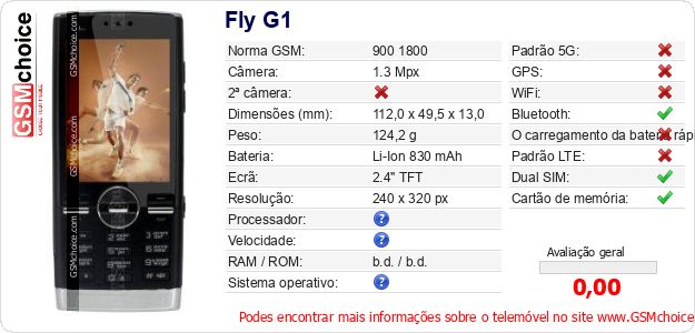 Fly G1 Especificações técnicas do telemóvel 