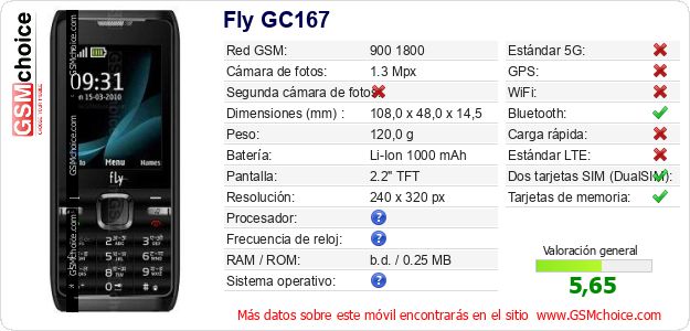 Fly GC167 Datos técnicos del móvil Fly GC167 Datos técnicos del móvil