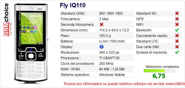 Fly IQ110 Dati tecnici di telefono cellulare 