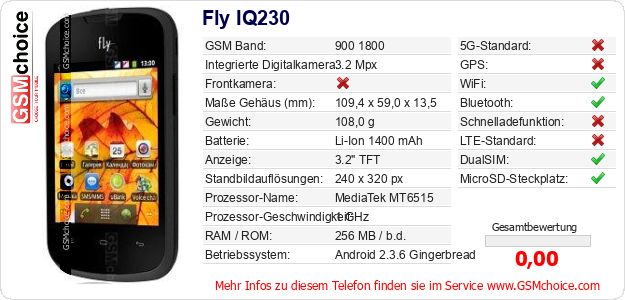 Fly IQ230 technische Daten Fly IQ230 technische Daten