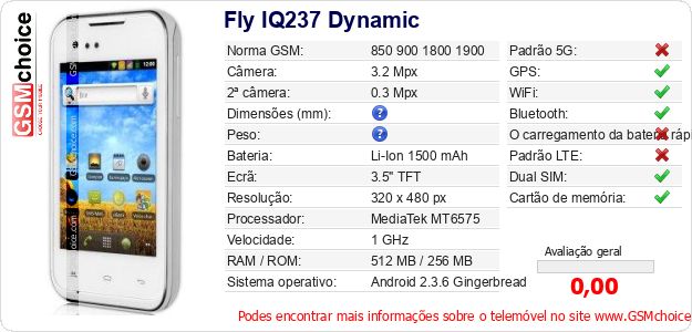 Fly IQ237 Dynamic Especificações técnicas do telemóvel 