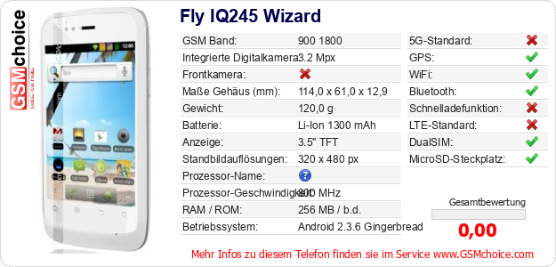 Fly IQ245 Wizard technische Daten Fly IQ245 Wizard technische Daten