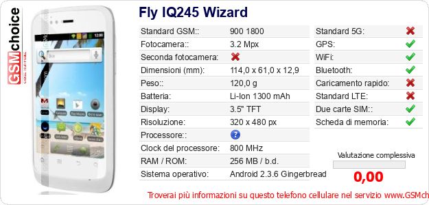 Fly IQ245 Wizard Dati tecnici di telefono cellulare 