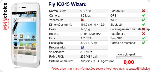 Fly IQ245 Wizard Especificações técnicas do telemóvel 