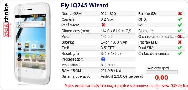 Fly IQ245 Wizard Especificações técnicas do telemóvel Fly IQ245 Wizard Especificações técnicas do telemóvel