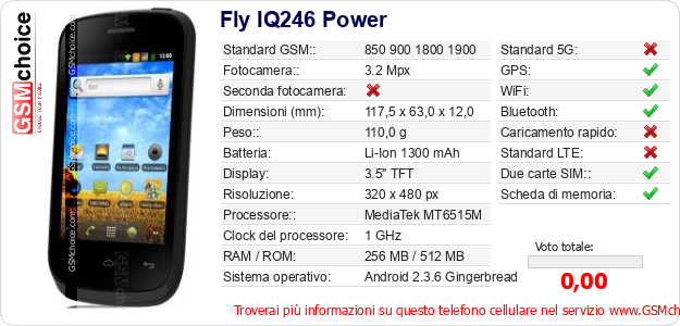 Fly IQ246 Power Dati tecnici di telefono cellulare Fly IQ246 Power Dati tecnici di telefono cellulare