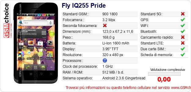 Fly IQ255 Pride Dati tecnici di telefono cellulare Fly IQ255 Pride Dati tecnici di telefono cellulare