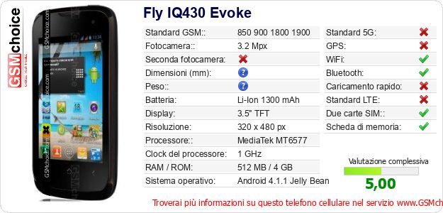 Fly IQ430 Evoke Dati tecnici di telefono cellulare Fly IQ430 Evoke Dati tecnici di telefono cellulare