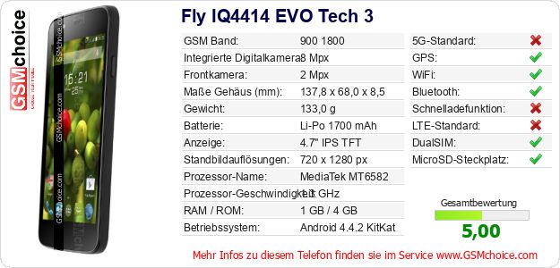 Fly IQ4414 EVO Tech 3 technische Daten Fly IQ4414 EVO Tech 3 technische Daten