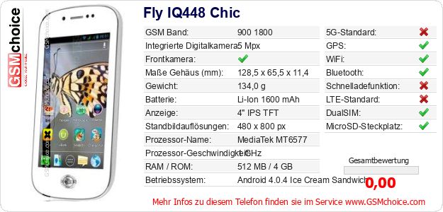 Fly IQ448 Chic technische Daten Fly IQ448 Chic technische Daten
