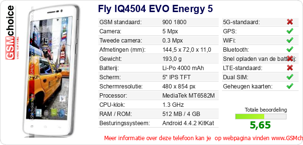 Fly IQ4504 EVO Energy 5 Technische gegevens 