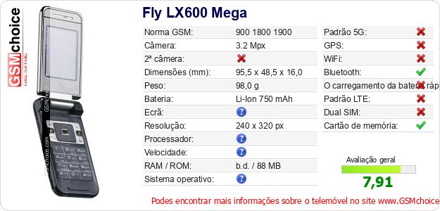 Fly LX600 Mega Especificações técnicas do telemóvel 