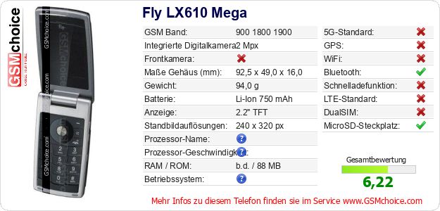 Fly LX610 Mega technische Daten Fly LX610 Mega technische Daten