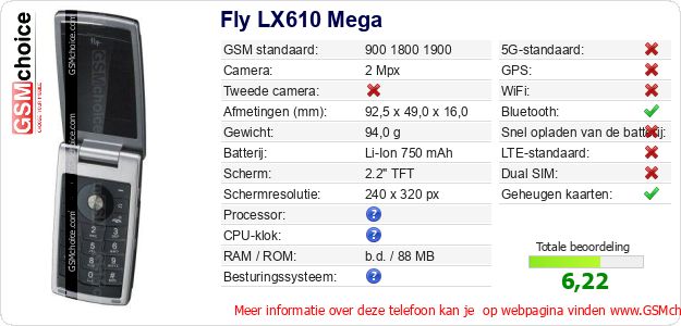 Fly LX610 Mega Technische gegevens Fly LX610 Mega Technische gegevens