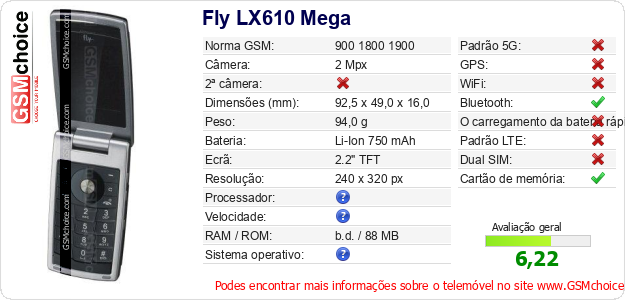 Fly LX610 Mega Especificações técnicas do telemóvel Fly LX610 Mega Especificações técnicas do telemóvel