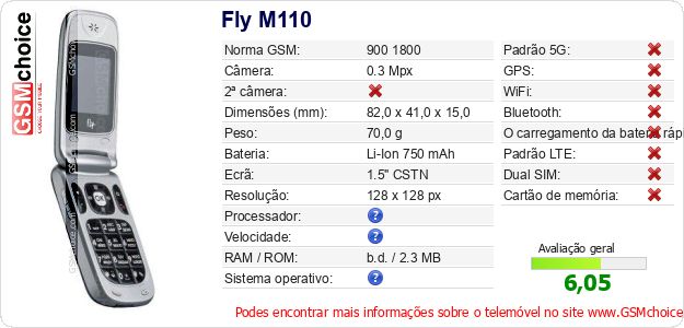 Fly M110 Especificações técnicas do telemóvel 