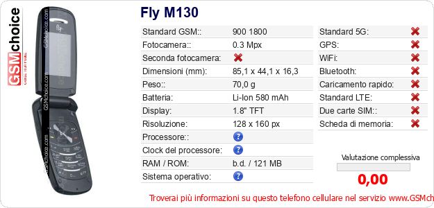 Fly M130 Dati tecnici di telefono cellulare 