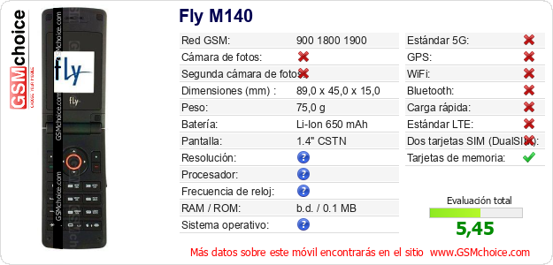 Fly M140 Datos técnicos del móvil 