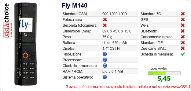 Fly M140 Dati tecnici di telefono cellulare 