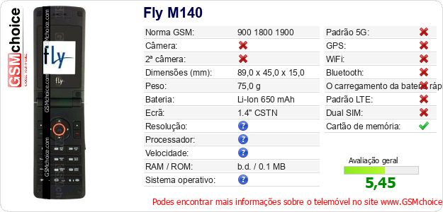 Fly M140 Especificações técnicas do telemóvel 