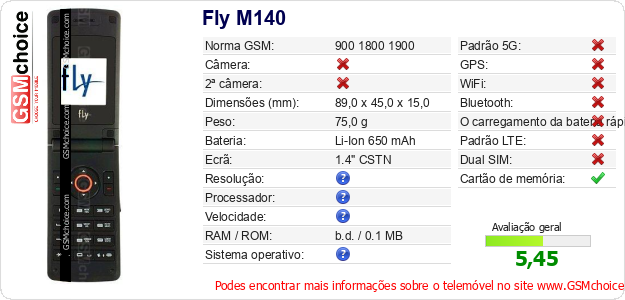 Fly M140 Especificações técnicas do telemóvel 
