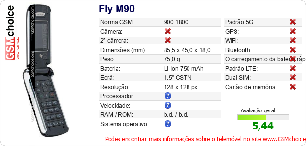 Fly M90 Especificações técnicas do telemóvel 