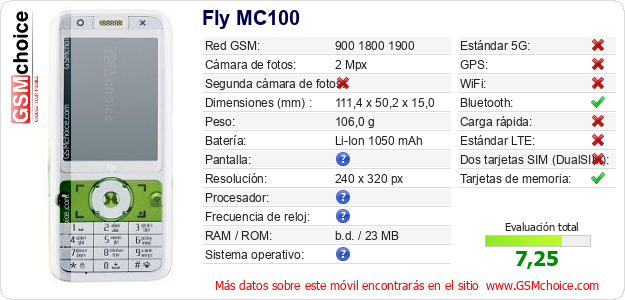 Fly MC100 Datos técnicos del móvil 