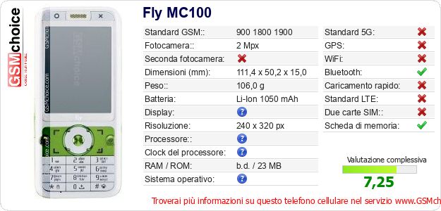 Fly MC100 Dati tecnici di telefono cellulare Fly MC100 Dati tecnici di telefono cellulare