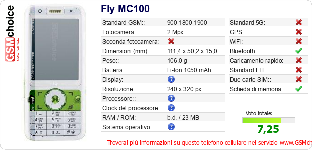 Fly MC100 Dati tecnici di telefono cellulare Fly MC100 Dati tecnici di telefono cellulare
