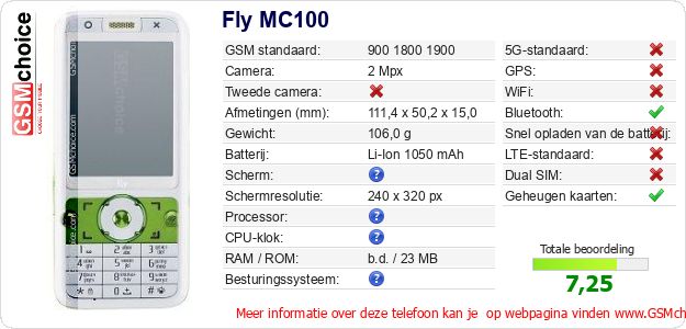 Fly MC100 Technische gegevens 