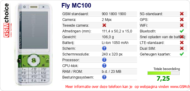 Fly MC100 Technische gegevens Fly MC100 Technische gegevens