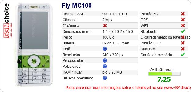 Fly MC100 Especificações técnicas do telemóvel 