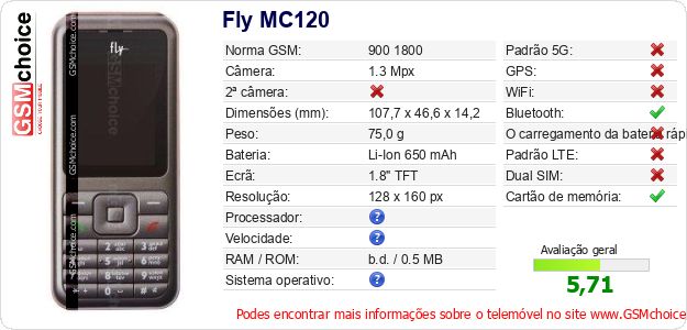 Fly MC120 Especificações técnicas do telemóvel 