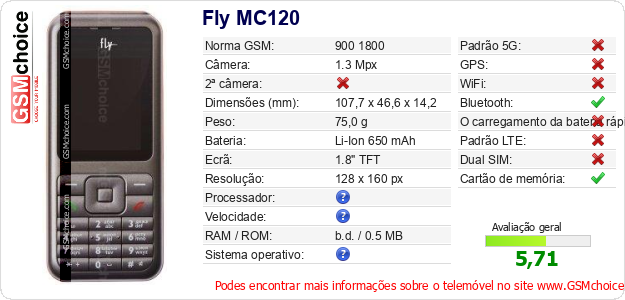 Fly MC120 Especificações técnicas do telemóvel 