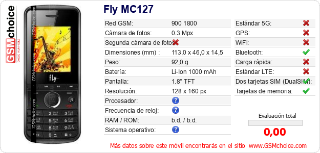 Fly MC127 Datos técnicos del móvil 