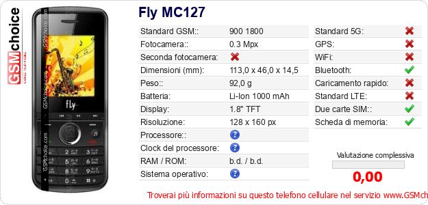 Fly MC127 Dati tecnici di telefono cellulare Fly MC127 Dati tecnici di telefono cellulare