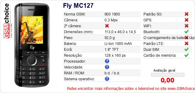 Fly MC127 Especificações técnicas do telemóvel 