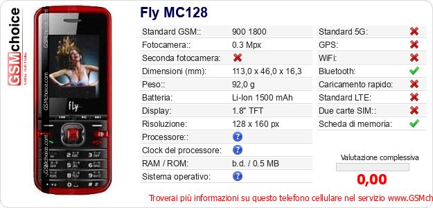 Fly MC128 Dati tecnici di telefono cellulare Fly MC128 Dati tecnici di telefono cellulare