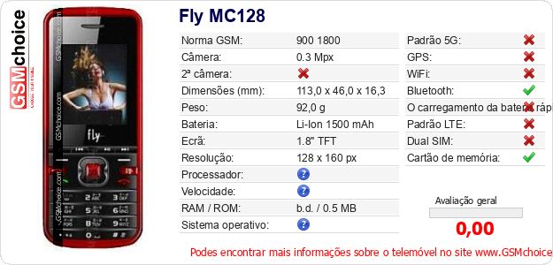 Fly MC128 Especificações técnicas do telemóvel 